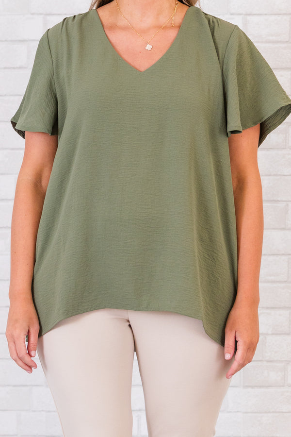 Chic Soul plus size clothing, short-sleeve light olive green top with v-neckline 