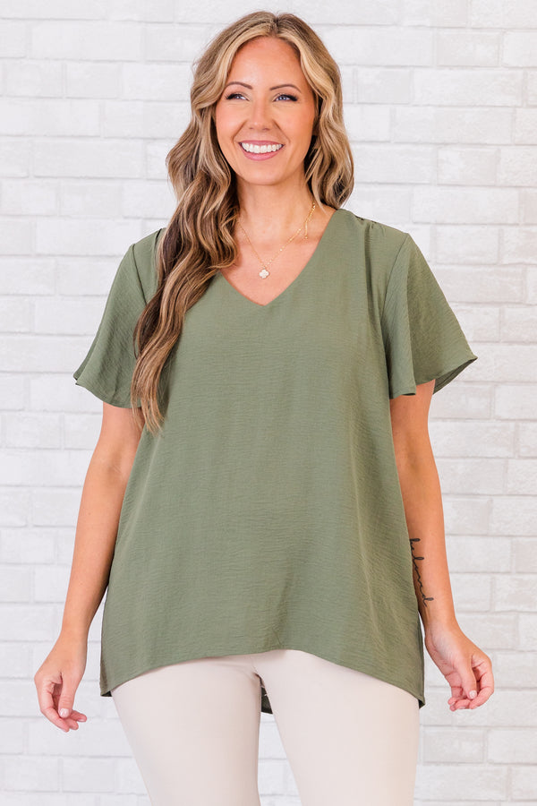 Chic Soul plus size clothing, short-sleeve light olive green top with v-neckline 