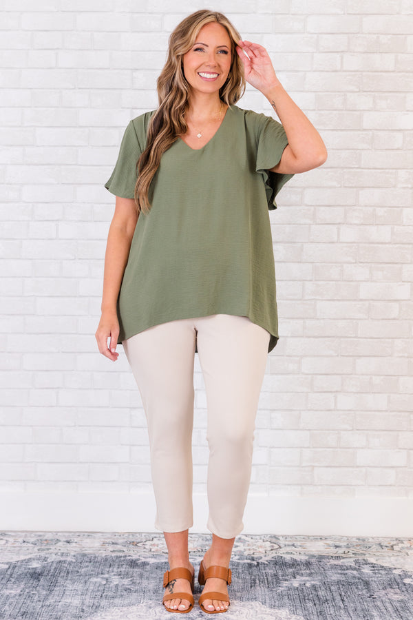Chic Soul plus size clothing, short-sleeve light olive green top with v-neckline 
