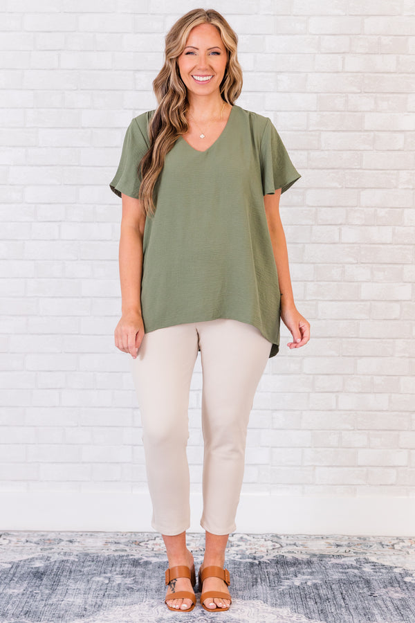 Chic Soul plus size clothing, short-sleeve light olive green top with v-neckline 
