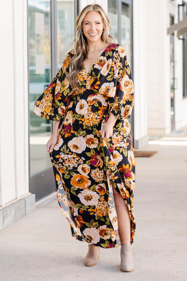 Chic Soul plus size clothing, black multicolored floral dress with a low split on the end of both sides of the dress and a low v neckline