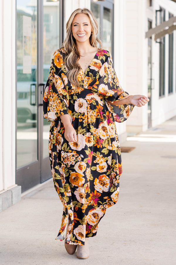 Chic Soul plus size clothing, black multicolored floral dress with a low split on the end of both sides of the dress and a low v neckline