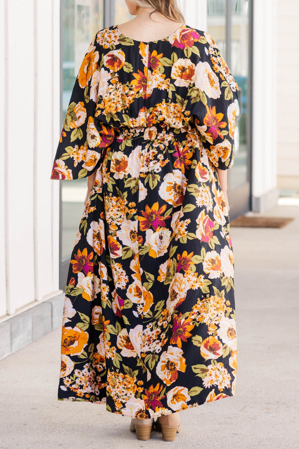 Chic Soul plus size clothing, black multicolored floral dress with a low split on the end of both sides of the dress and a low v neckline