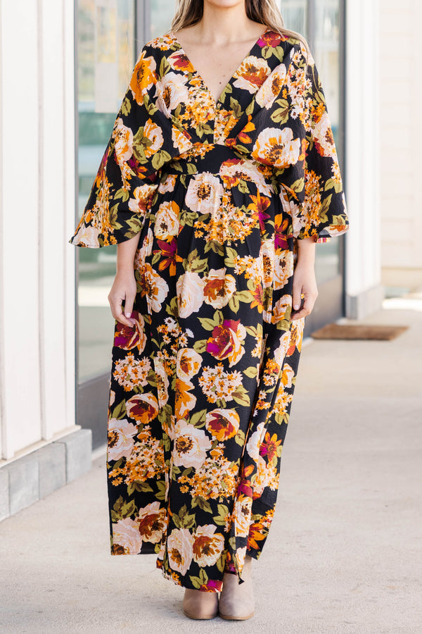 Chic Soul plus size clothing, black multicolored floral dress with a low split on the end of both sides of the dress and a low v neckline