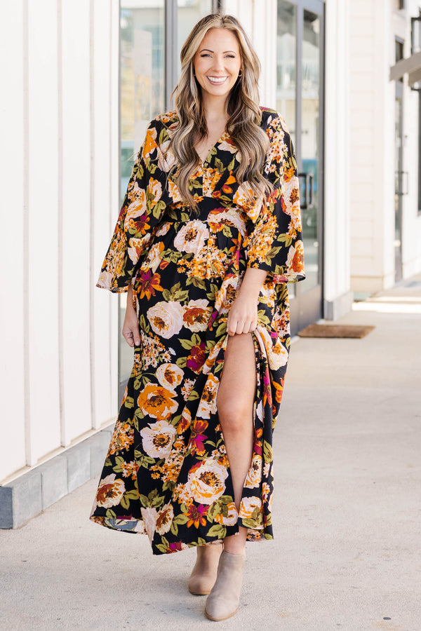 Chic Soul plus size clothing, black multicolored floral dress with a low split on the end of both sides of the dress and a low v neckline