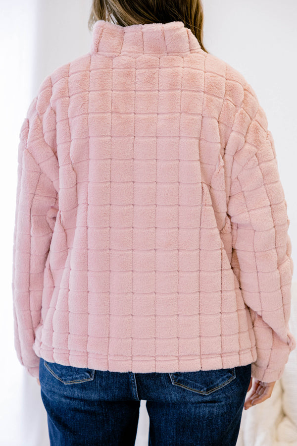 Chic Soul plus size clothing, light pink faux fur quilted zip up jacket