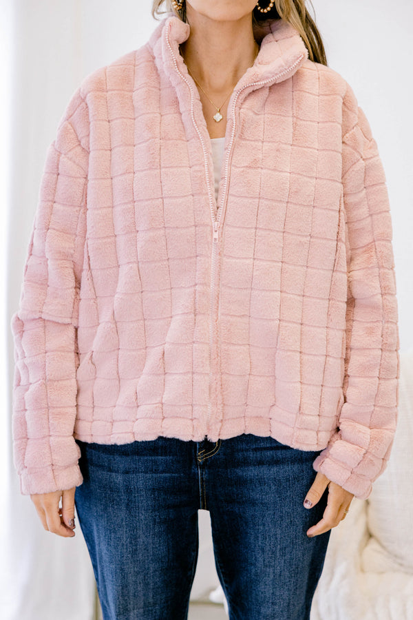 Chic Soul plus size clothing, light pink faux fur quilted zip up jacket