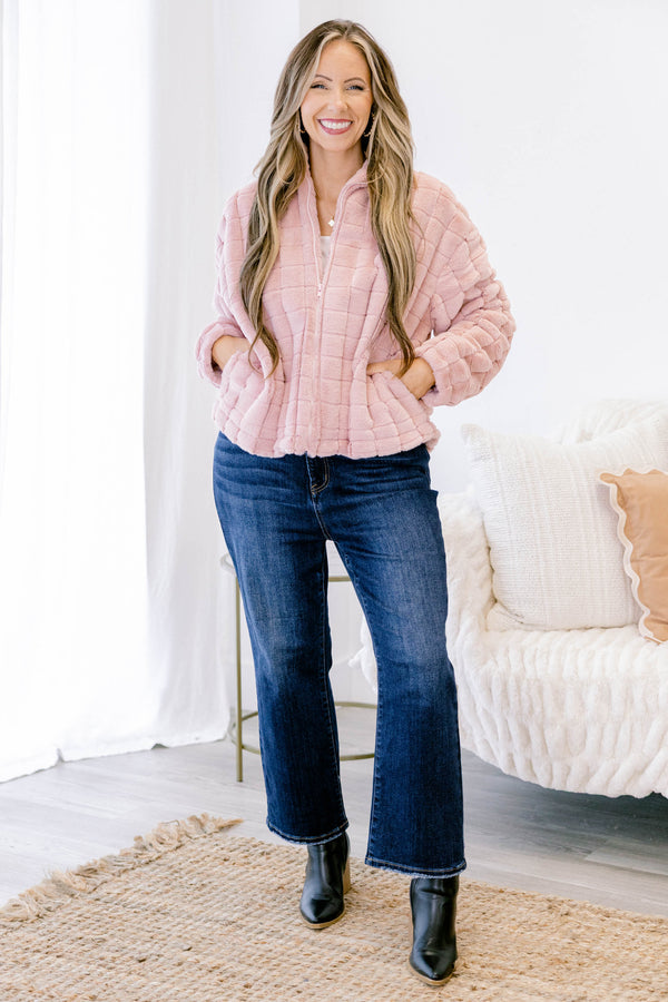 Chic Soul plus size clothing, light pink faux fur quilted zip up jacket