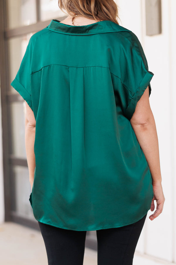 Chic Soul plus size clothing, hunter green silky top with a pocket on left side of chest