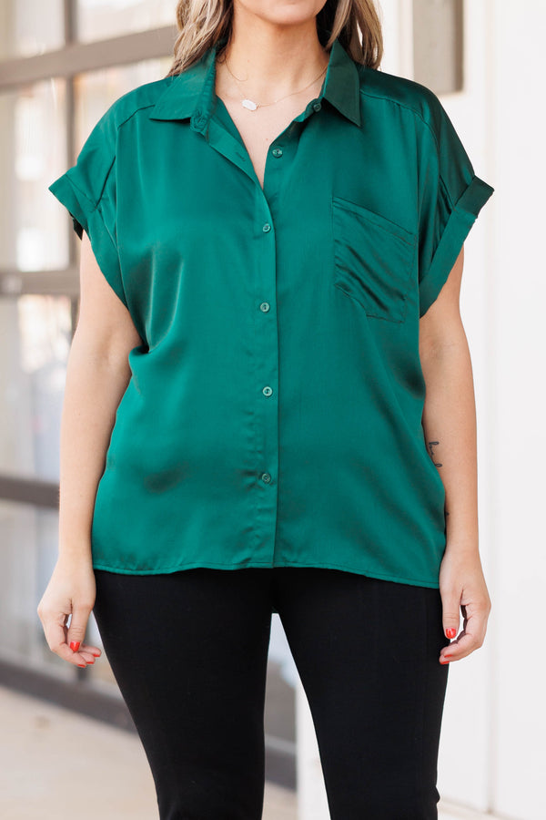 Chic Soul plus size clothing, hunter green silky top with a pocket on left side of chest