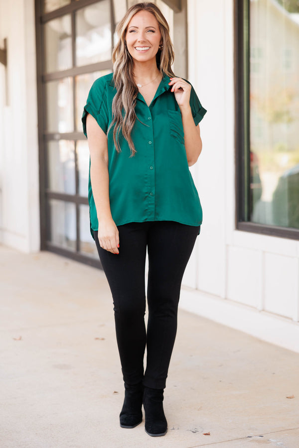 Chic Soul plus size clothing, hunter green silky top with a pocket on left side of chest