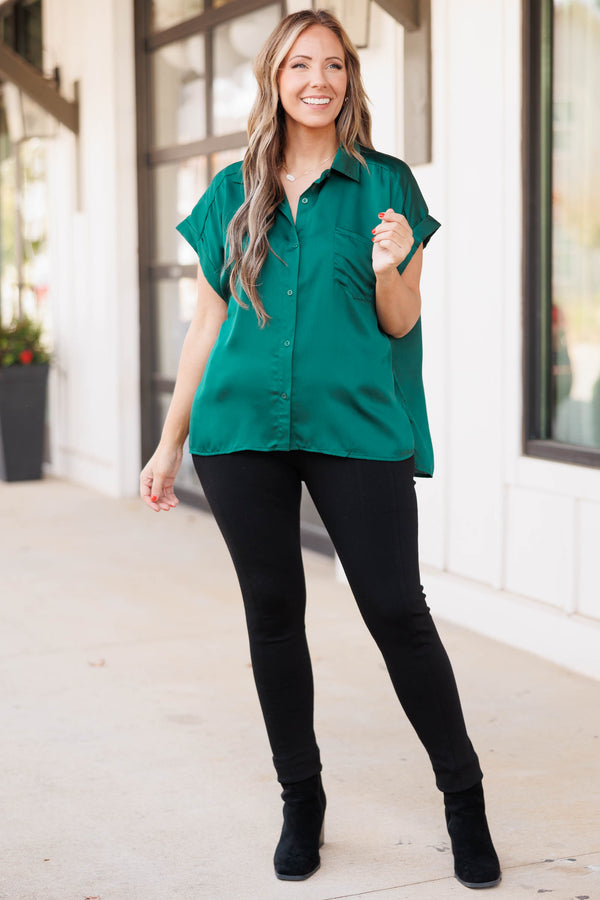 Chic Soul plus size clothing, hunter green silky top with a pocket on left side of chest