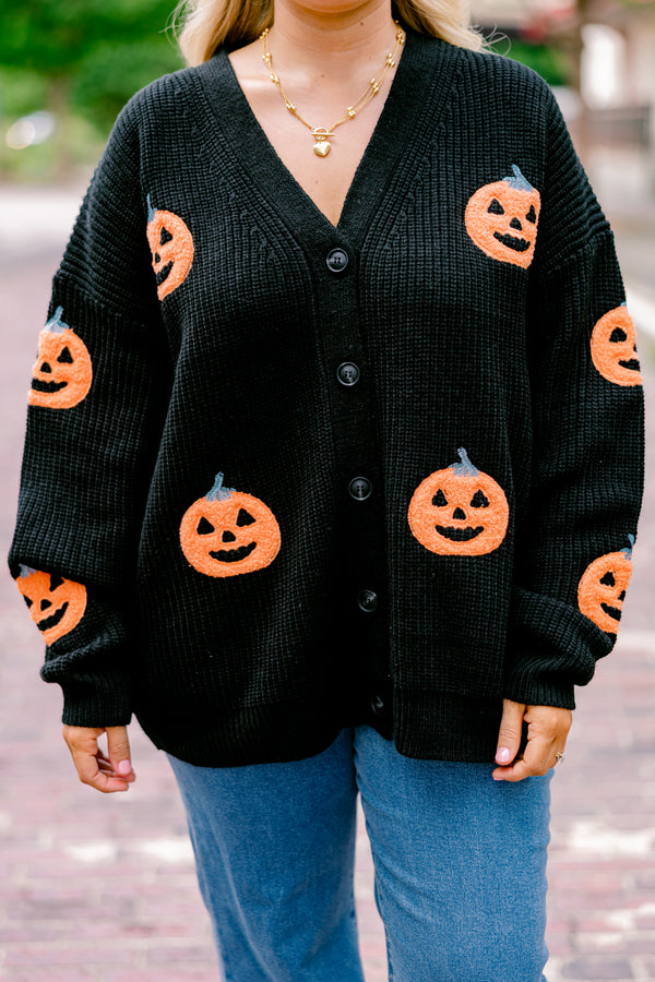 Chic Soul plus size clothing, black long sleeve button down cardigan sweater with orange jack o' lantern print