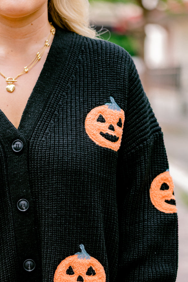 Chic Soul plus size clothing, black long sleeve button down cardigan sweater with orange jack o' lantern print