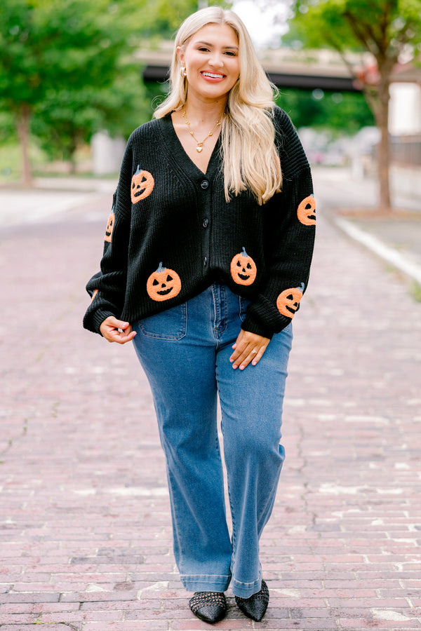 Chic Soul plus size clothing, black long sleeve button down cardigan sweater with orange jack o' lantern print