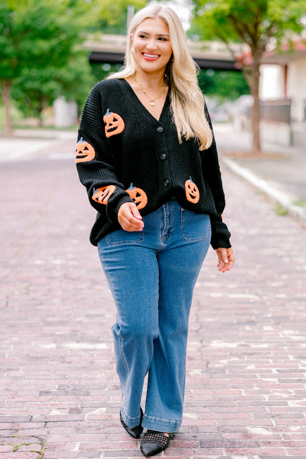 Chic Soul plus size clothing, black long sleeve button down cardigan sweater with orange jack o' lantern print