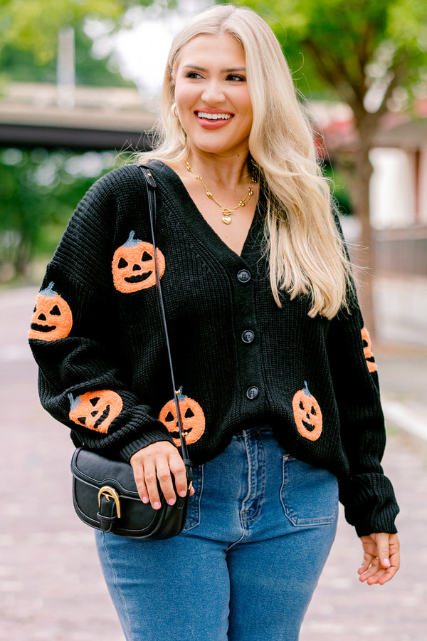 Chic Soul plus size clothing, black long sleeve button down cardigan sweater with orange jack o' lantern print