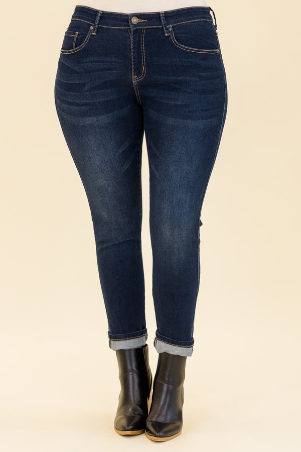 Chic Soul plus size clothing, dark wash skinny jeans with zip fly and button closure