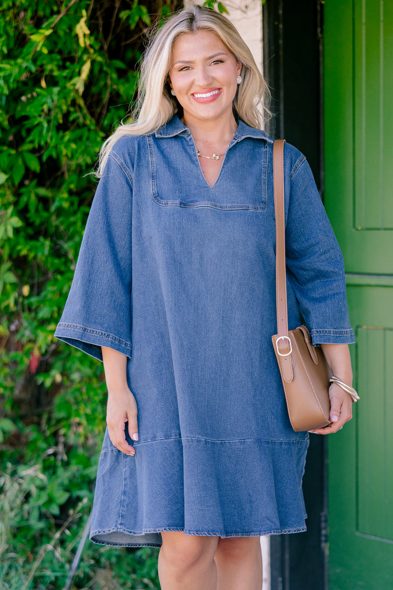 white christmas dresses Light Blue Ruffled 3/4 Sleeve Buttoned Front Plus Size Denim Dress – The  Rusted Nail Boutique main image 1