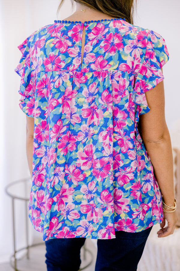 Chic Soul plus size clothing, short-flutter-sleeve pink top with a high-scoop-neckline and a blue and pink tropical floral pattern 