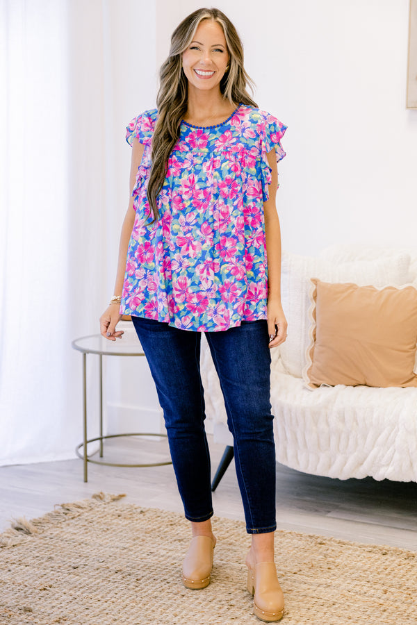 Chic Soul plus size clothing, short-flutter-sleeve pink top with a high-scoop-neckline and a blue and pink tropical floral pattern 