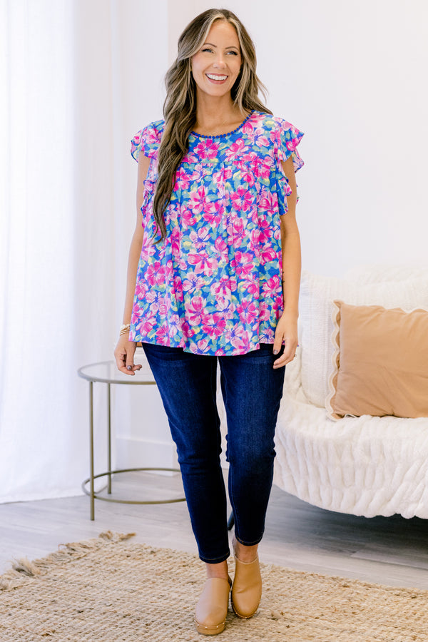 Chic Soul plus size clothing, short-flutter-sleeve pink top with a high-scoop-neckline and a blue and pink tropical floral pattern 