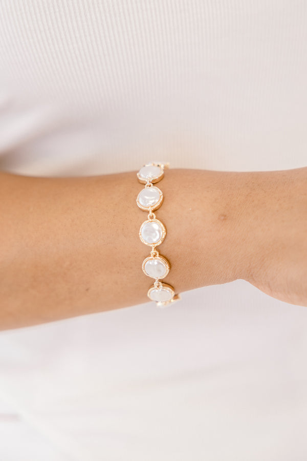 Chic Soul plus size clothing, gold bracelet with round pearls attaching to one another going around the bracelet 