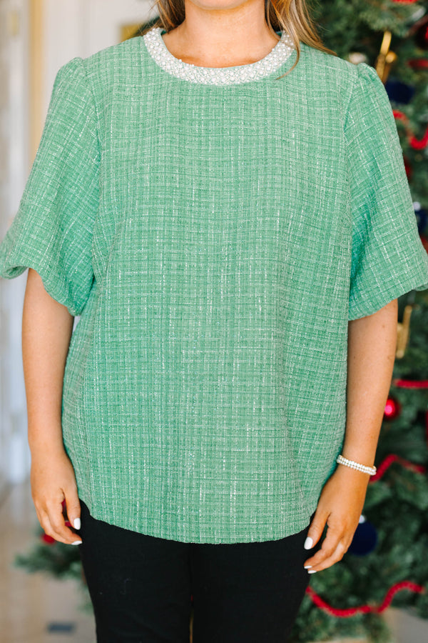 Plus size green tweed Certain Joy Top with pearl neckline, short puff sleeves, and a flowy fit.