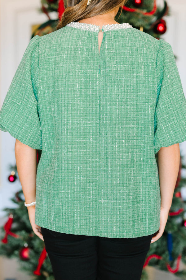 Plus size green tweed Certain Joy Top with pearl neckline, short puff sleeves, and a flowy fit.