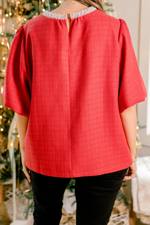 Chic Soul plus size clothing, red short puff sleeve top with white pearl neckline