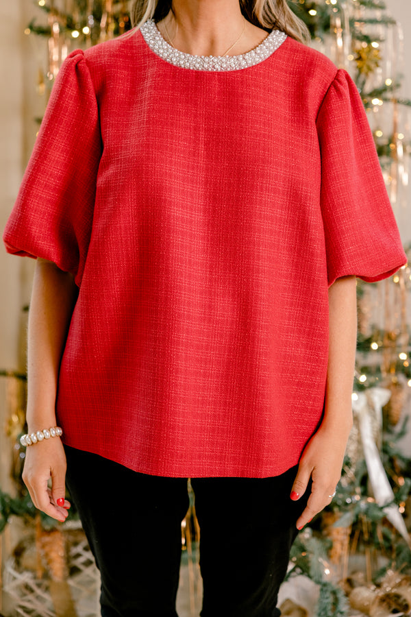 Chic Soul plus size clothing, red short puff sleeve top with white pearl neckline