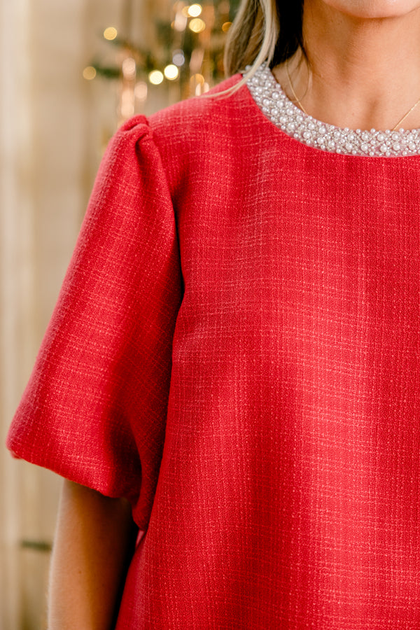 Chic Soul plus size clothing, red short puff sleeve top with white pearl neckline