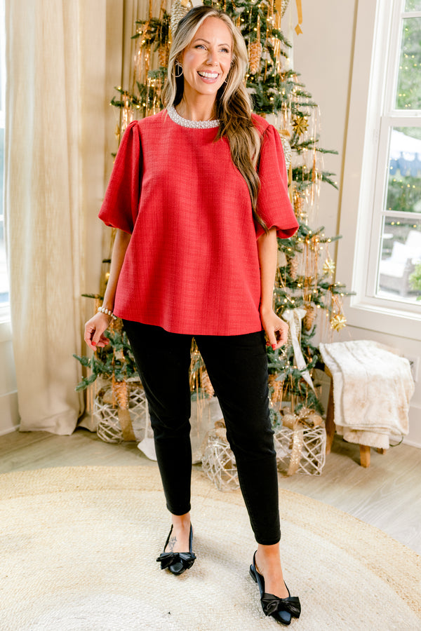 Chic Soul plus size clothing, red short puff sleeve top with white pearl neckline