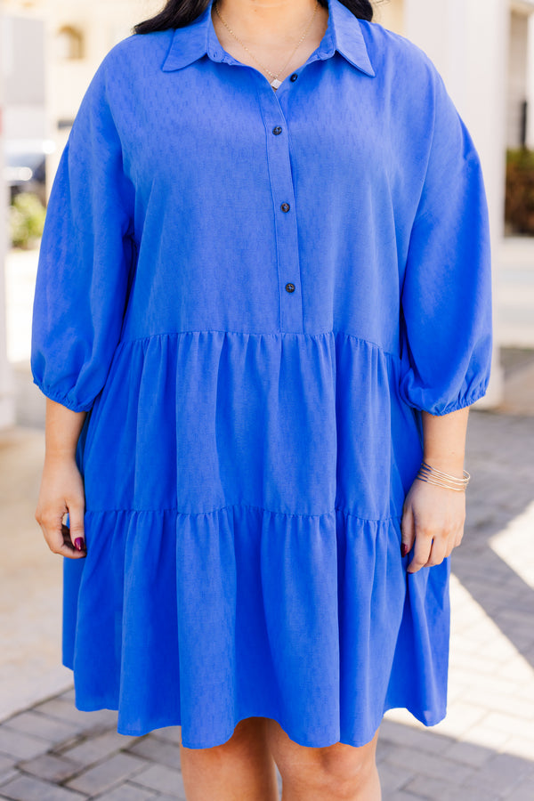 Chic Soul plus size clothing, long sleeve blue mini dress with button up detail with collar