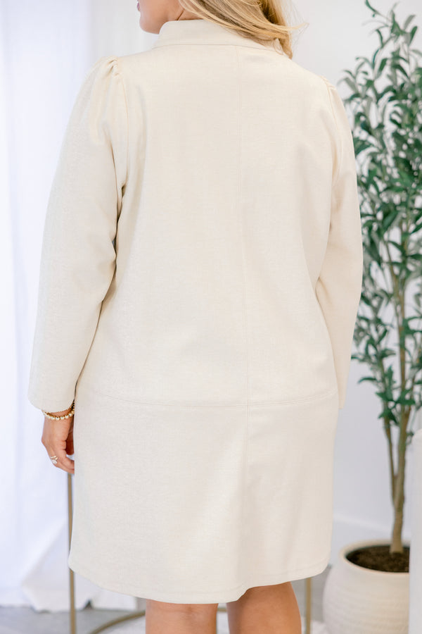 Chic Soul plus size clothing, short v neckline cream colored, long sleeve dress