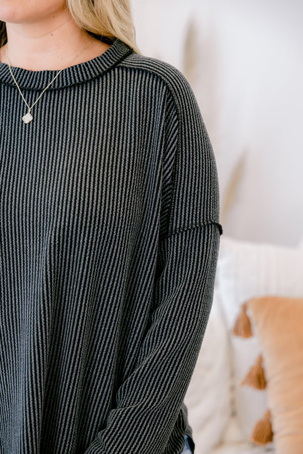 Chic Soul plus size clothing, charcoal grey and black striped long sleeve top