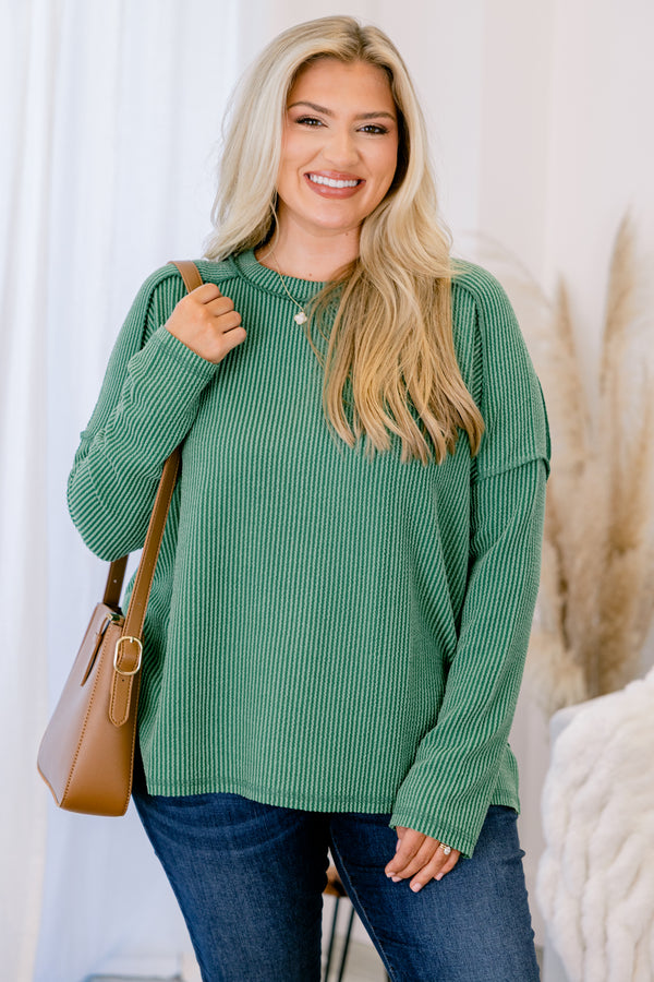 Chic Soul plus size clothing, dark green ribbed long sleeve pullover with external stitching detail on the shoulders