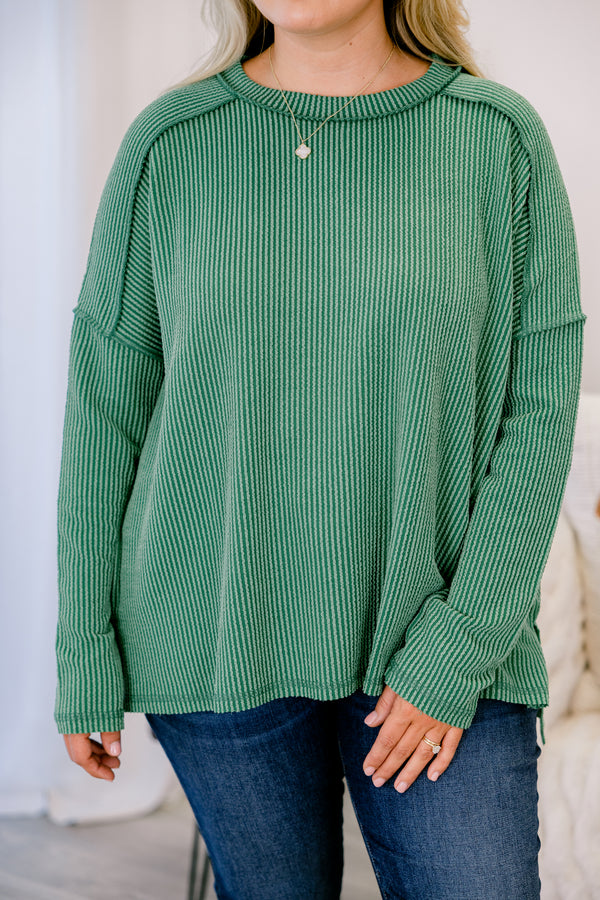 Chic Soul plus size clothing, dark green ribbed long sleeve pullover with external stitching detail on the shoulders