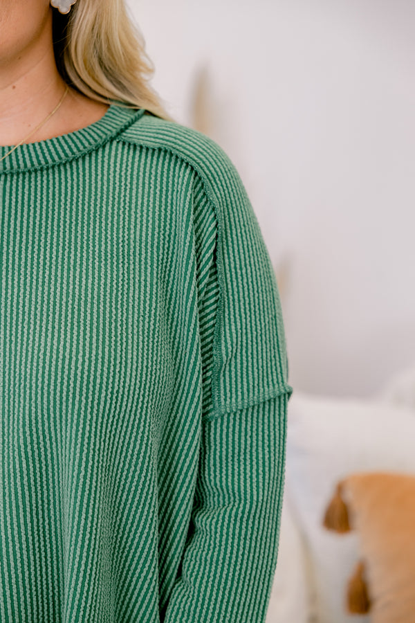 Chic Soul plus size clothing, dark green ribbed long sleeve pullover with external stitching detail on the shoulders