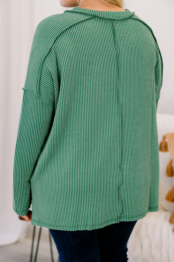 Chic Soul plus size clothing, dark green ribbed long sleeve pullover with external stitching detail on the shoulders