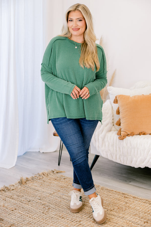 Chic Soul plus size clothing, dark green ribbed long sleeve pullover with external stitching detail on the shoulders