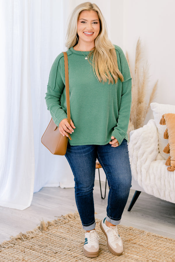 Chic Soul plus size clothing, dark green ribbed long sleeve pullover with external stitching detail on the shoulders
