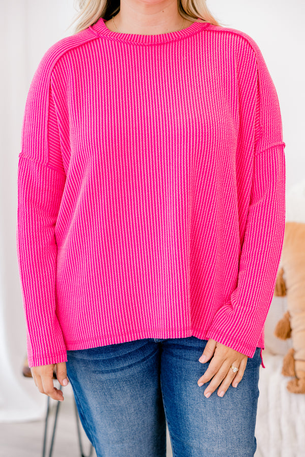 Chic Soul plus size clothing, hot pink long sleeve ribbed textured top 