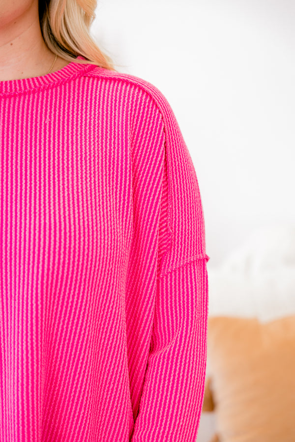 Chic Soul plus size clothing, hot pink long sleeve ribbed textured top 