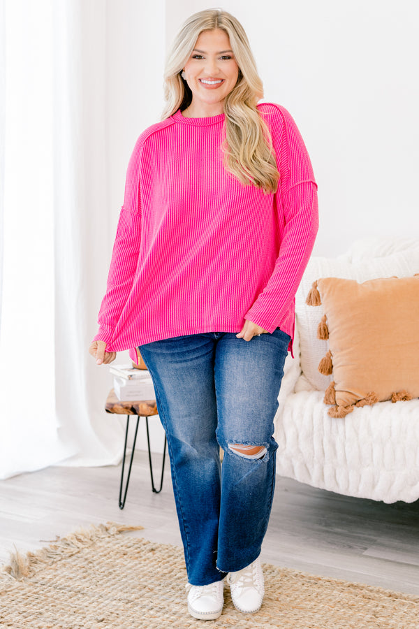 Chic Soul plus size clothing, hot pink long sleeve ribbed textured top 