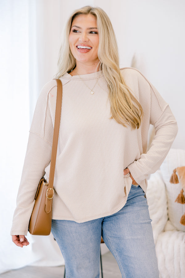 Chic Soul plus size clothing, Beige long sleeve top with ribbed material and seam detailing on the shoulders and sleeves