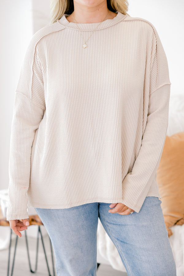 Chic Soul plus size clothing, Beige long sleeve top with ribbed material and seam detailing on the shoulders and sleeves