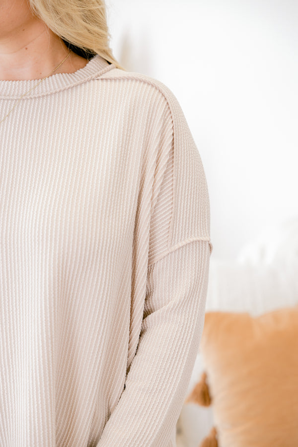 Chic Soul plus size clothing, Beige long sleeve top with ribbed material and seam detailing on the shoulders and sleeves