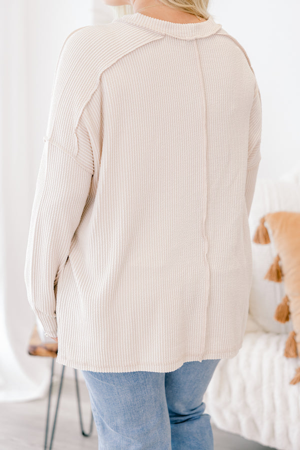 Chic Soul plus size clothing, Beige long sleeve top with ribbed material and seam detailing on the shoulders and sleeves