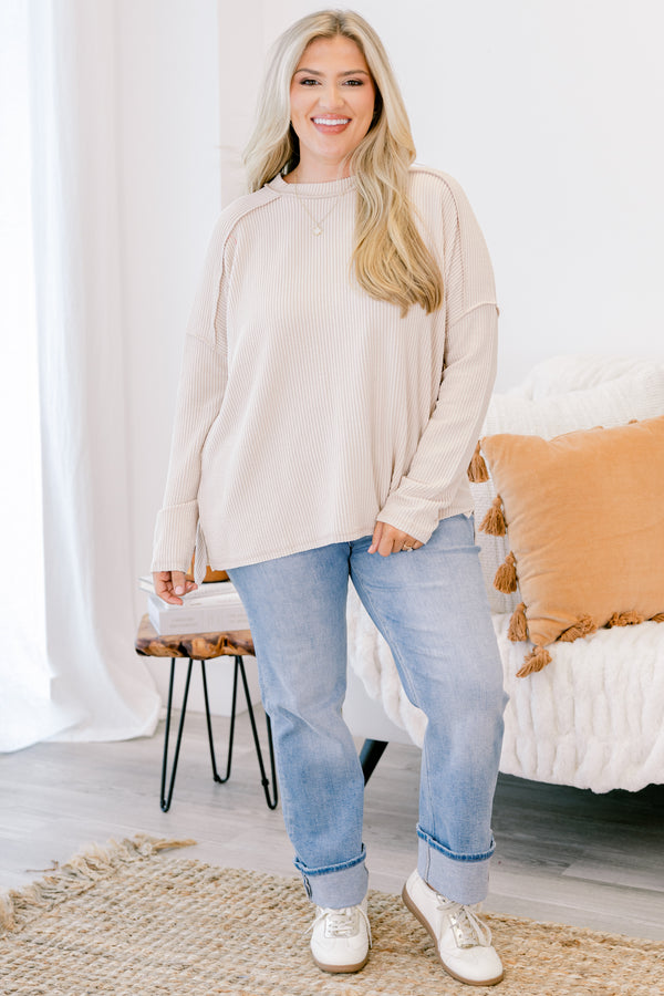 Chic Soul plus size clothing, Beige long sleeve top with ribbed material and seam detailing on the shoulders and sleeves